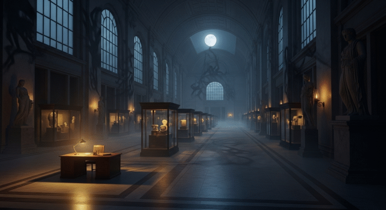 “An old, grand museum at night, lit only by flickering lamps and pale moonlight through tall arched windows, long empty marble corridors lined with ancient statues and glass display cases, faint mist creeping along the floor, a lone night curator’s desk with a glowing lamp, eerie shadows forming in the darkness, gothic atmosphere, cinematic horror realism, ultra-detailed 4K.”